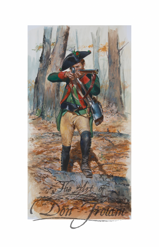 Hesse Hanau Jäger Corps. Painting of a Revolutionary War soldier in a forest setting