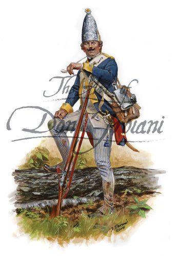 Don Troiani wall art print Grenadier, Brunswick Regiment Von Riedesel, 1777. Soldier is wearing blue and white.