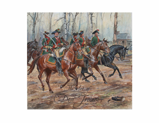 Painting of soldiers on horseback in a forested area with 'Don Troiani' signature.