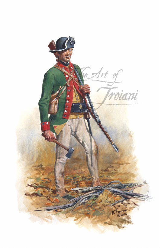 King’s Royal Regiment. Illustration of a soldier in colonial uniform holding rifles on a white background.