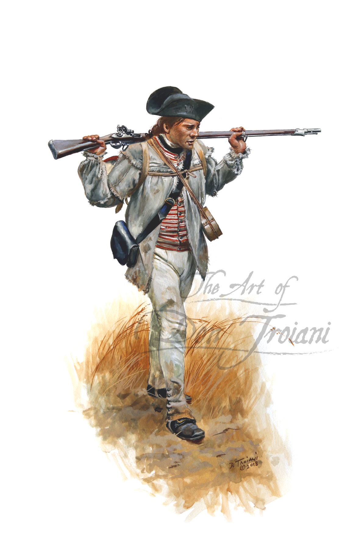 8th Massachusetts. Painting of a Revolutionary War soldier holding a rifle on a white background
