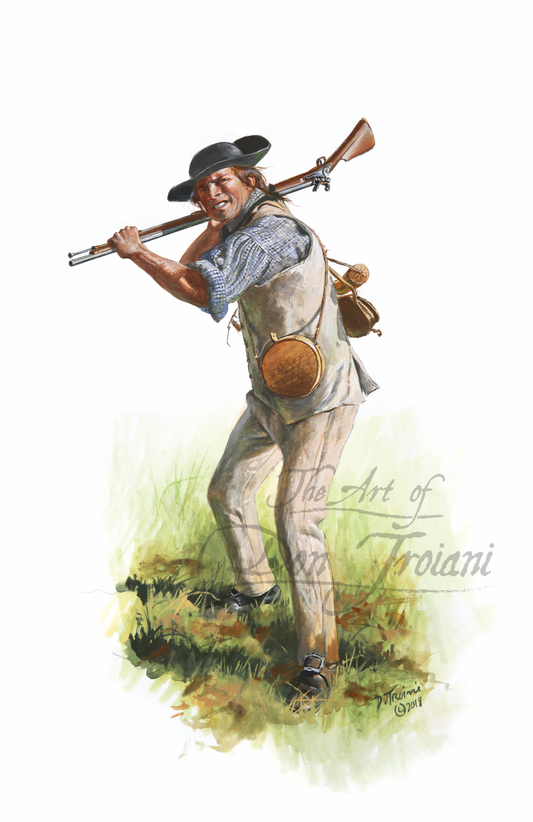 Bennington Militia, 1777. Illustration of a man in colonial attire with a rifle on his back, standing in a grassy field.