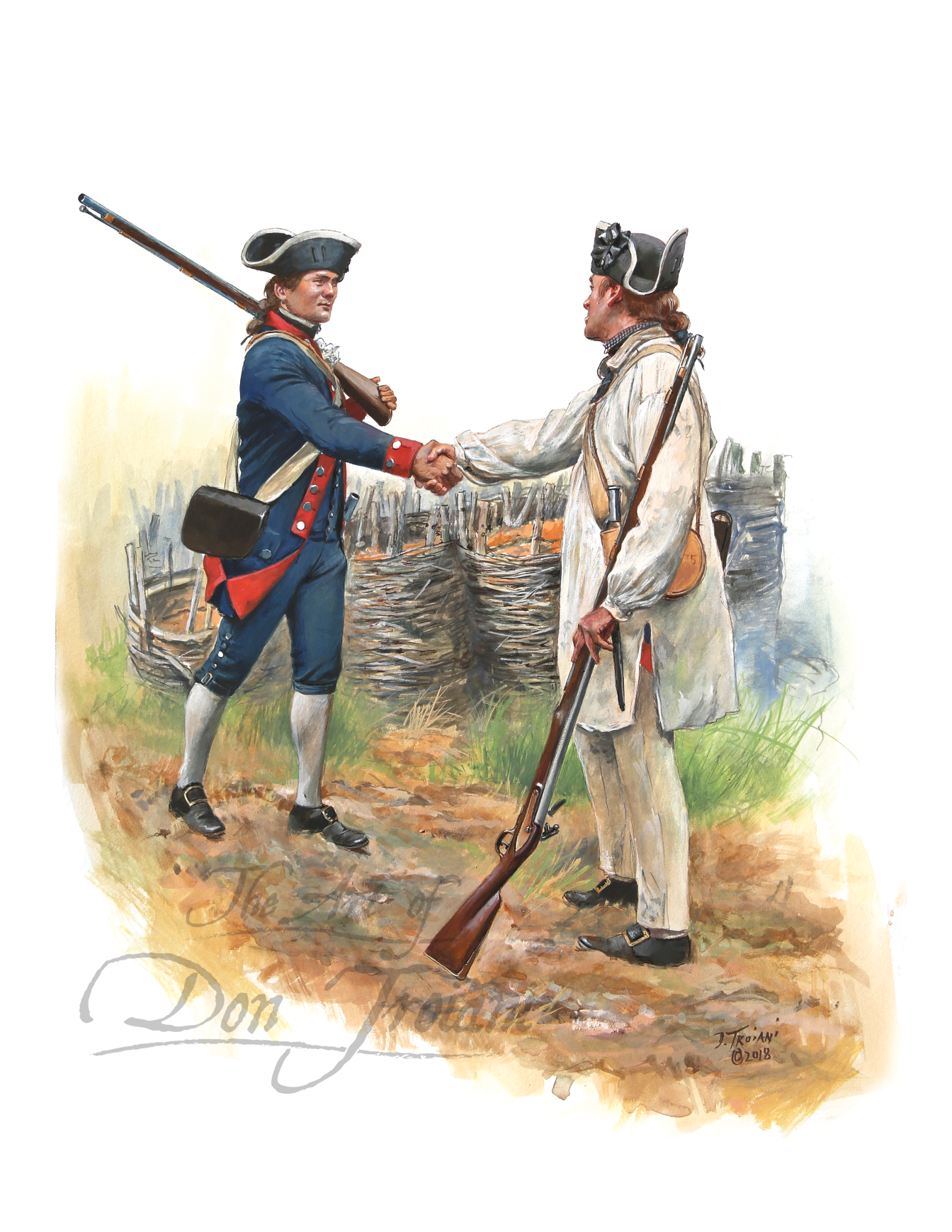 Wethersfield Militia. Two soldiers in historical uniforms shaking hands with a landscape in the background