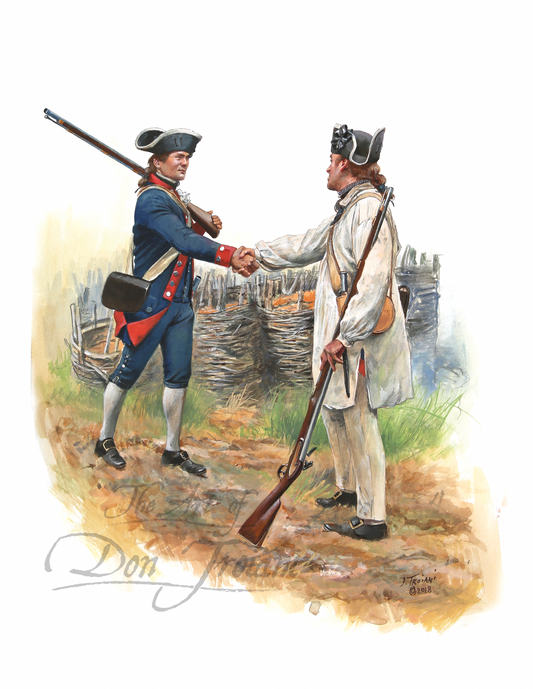 Wethersfield Militia. Two soldiers in historical uniforms shaking hands with a landscape in the background