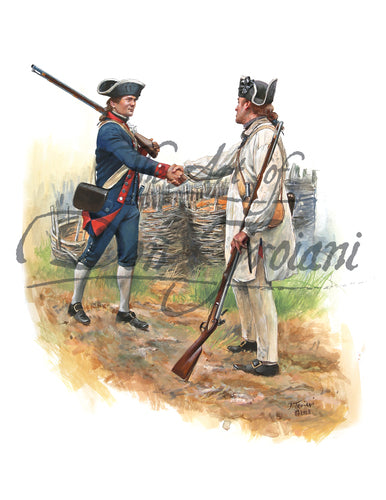 Don Troiani wall art print Wethersfield Militia. Two soldiers shaking hands and armed with muskets.