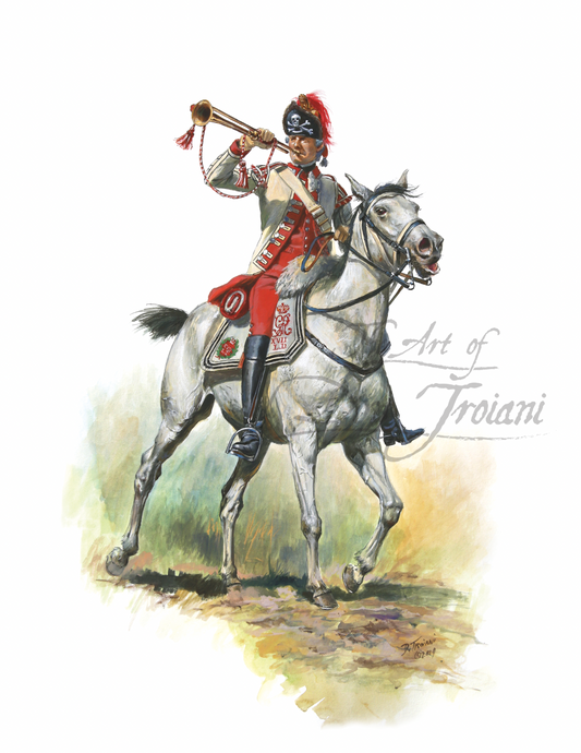 Trumpeter. Artistic depiction of a soldier on horseback with a white horse, set against a light background.