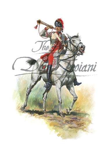 This is Don Troiani wall art print Trumpeter, British 17th Light Dragoons, 1776. Soldier is on horseback.