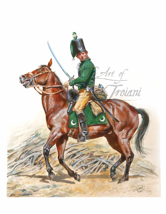 Painting of a soldier on horseback with a sword.