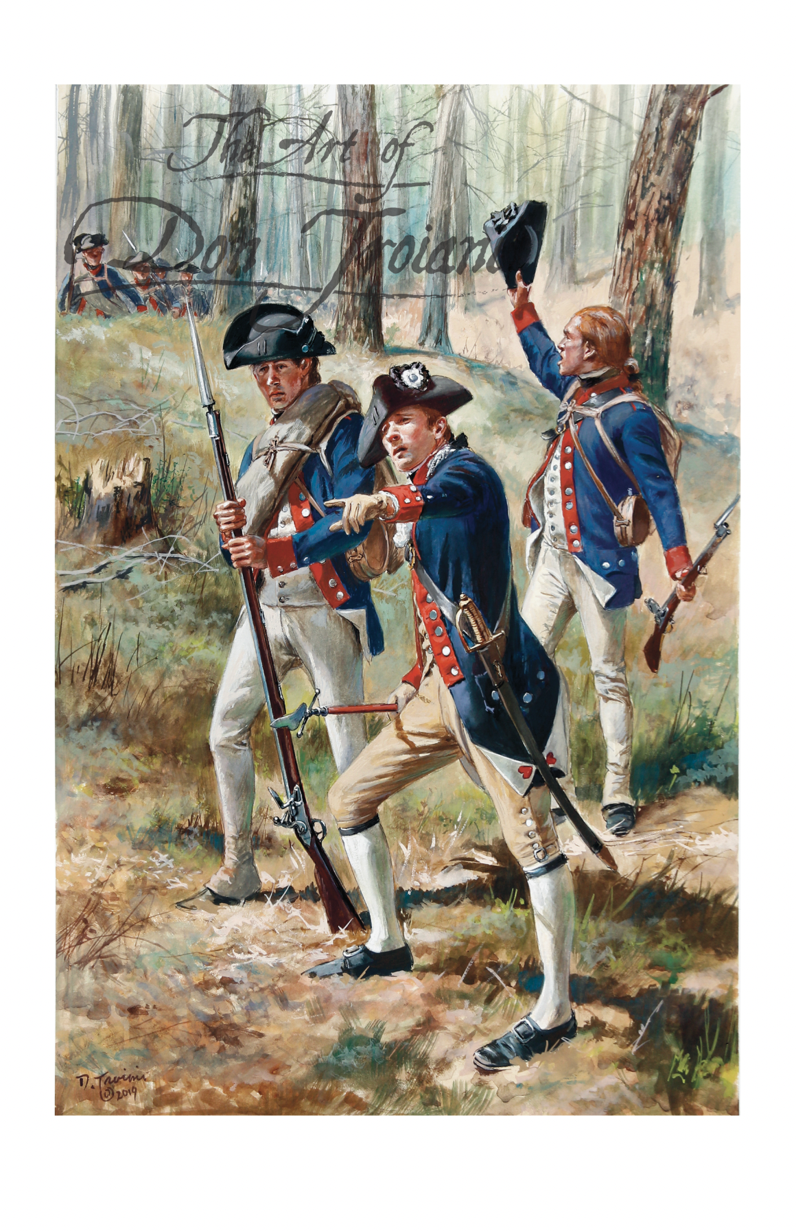 Posey’s Corps Of Virginia Continentals. Painting of three Revolutionary War soldiers in a forest setting.