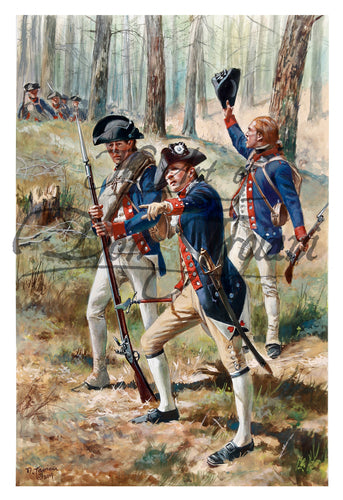 Don Troiani wall art print "Posey's Corps of Virginia Continentals" . Three Soldiers in blue and white uniforms with muskets. 