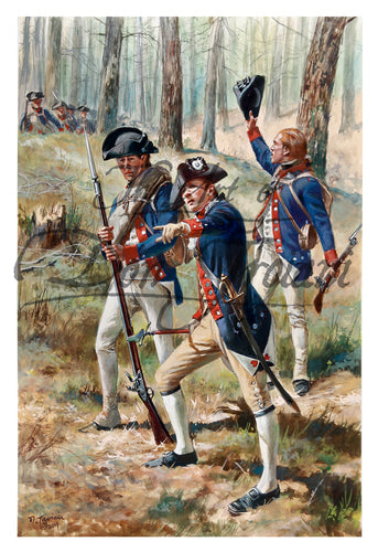 Don Troiani wall art print Posey's Corps of Virginia Continentals . Three Soldiers in blue and white uniforms with muskets. 