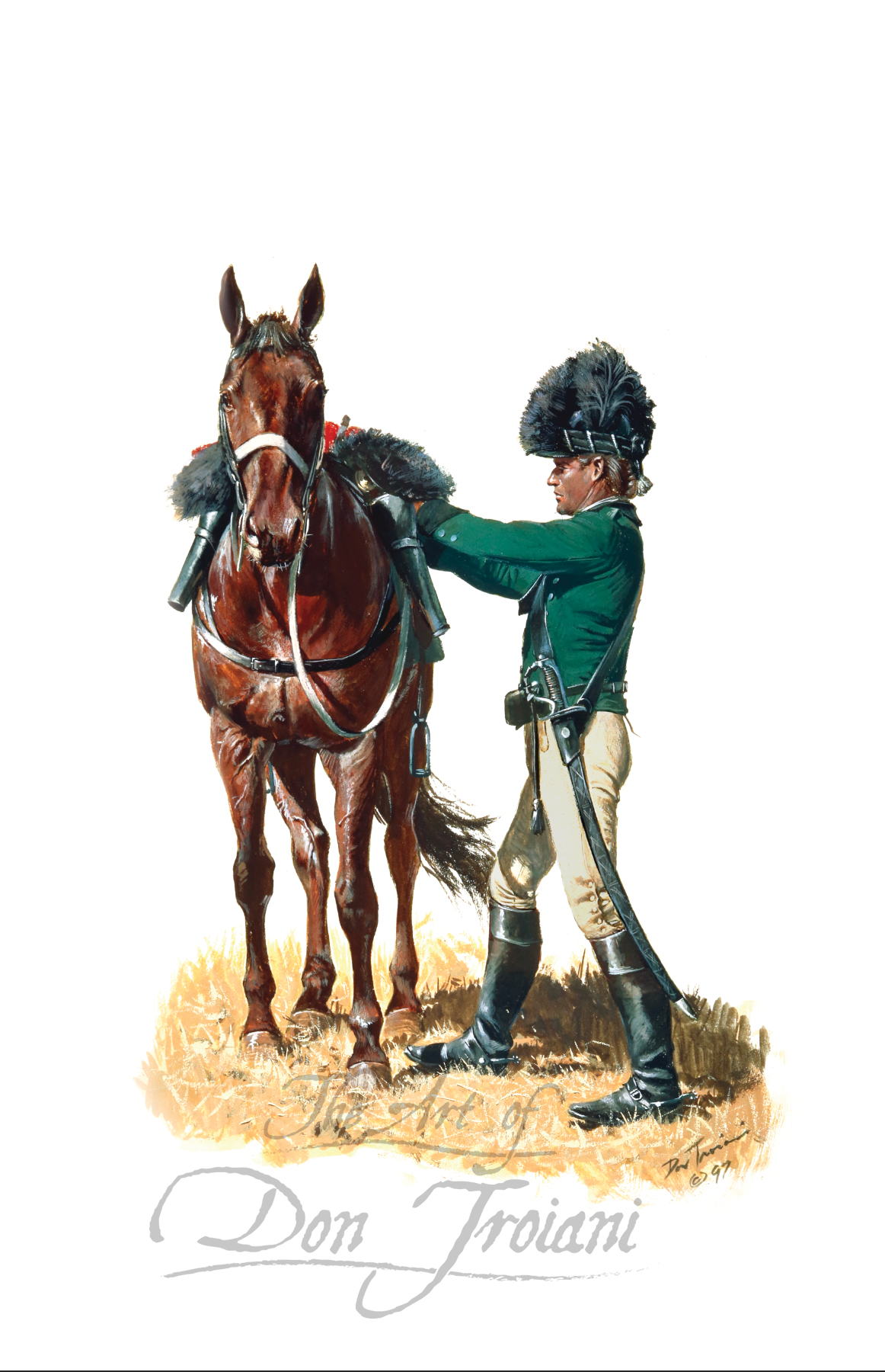 British Legion Dragoon Cavalry Trooper. Illustration of a person in equestrian attire standing next to a horse.