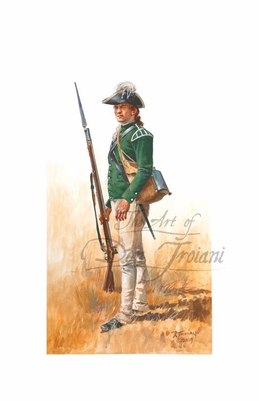 Painting of a soldier in historical uniform holding a rifle on a textured background