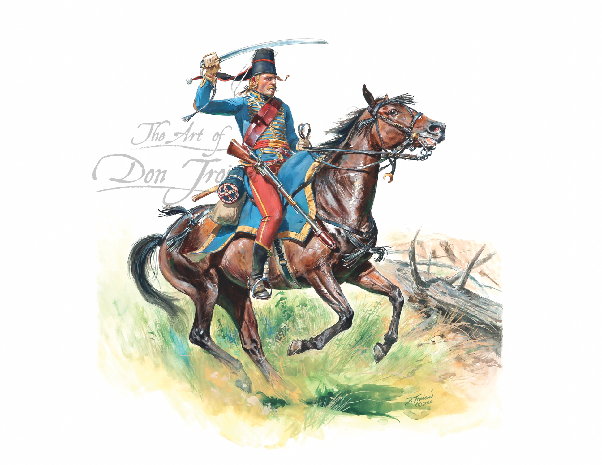 Hussar of the Lauzun . Painting of a mounted soldier with a sword and a dog on a horse.