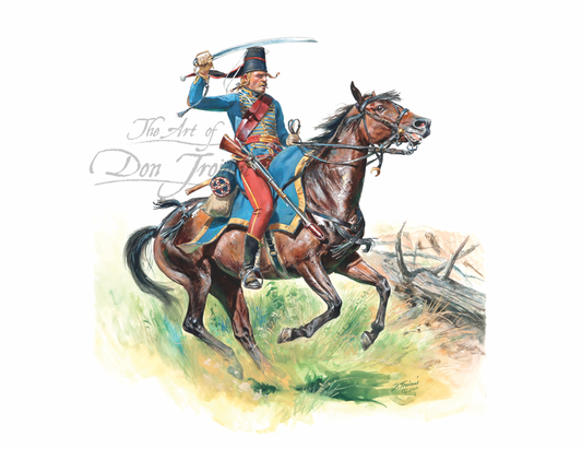 Hussar of the Lauzun . Painting of a mounted soldier with a sword and a dog on a horse.