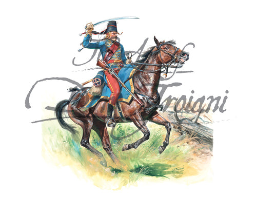 Don Troiani wall art print Hussar of the Lauzun Legion. Soldier is on horse back waving sword.