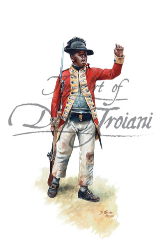 Don Troiani wall art print Lord Dunsmore's Ethiopian Regiment. Soldier has a red coat.