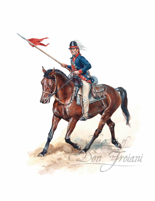 Lancer. Painting of a soldier on horseback with a flag, signed by Don Troiani