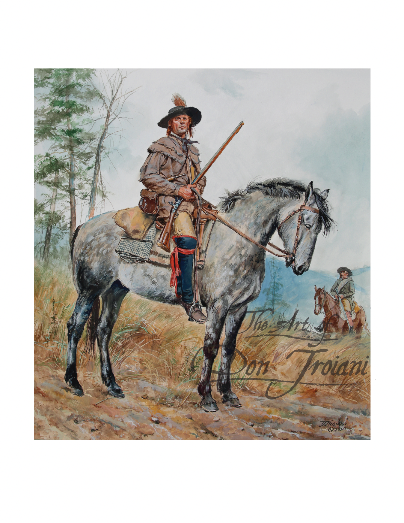 North Carolina Over Mountain Man. Painting of a man on horseback with another person in the distance.