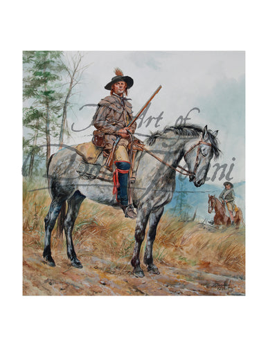 Don Troiani wall art print North Carolina Over Mountain Man. Soldier wearing a brown uniform with a musket sitting on a white horse.