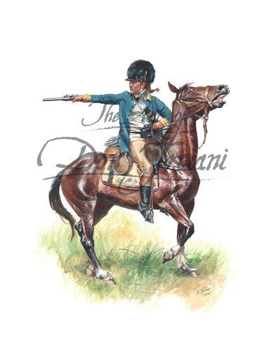 Don Troiani wall art print Marions Brigade. Soldier holding and pointing pistol while on a brown horse.