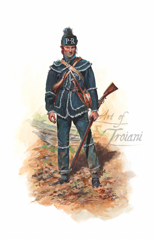 Mile’s Pennsylvania State Rifle Regiment, 1776. Illustration of a soldier in uniform with a rifle, standing on a textured surface.