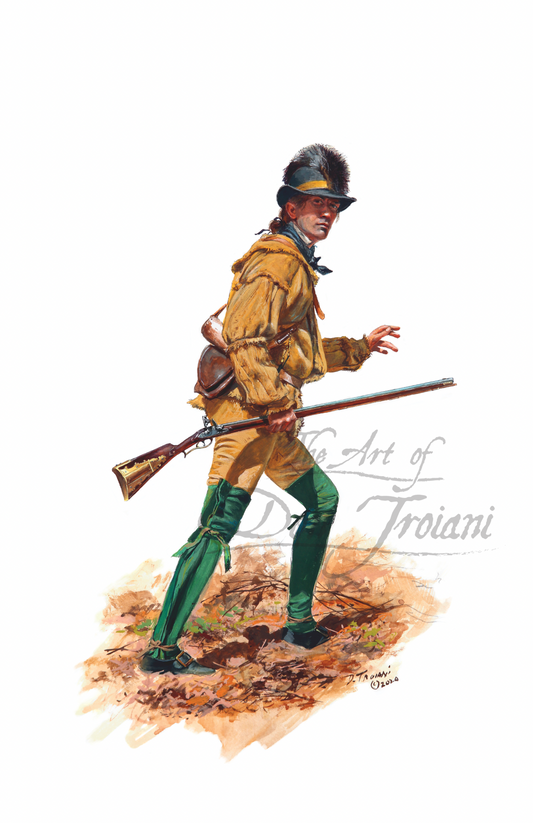 Mantz’s Rifle Company of Frederick. Illustration of a soldier in historical military attire with a rifle on a white background.
