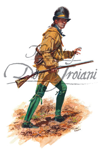 Don Troiani wall art print Mantz's Rifle Co. of Frederick Maryland. Soldier wearing brown uniform and green leggings. He is holding a musket.