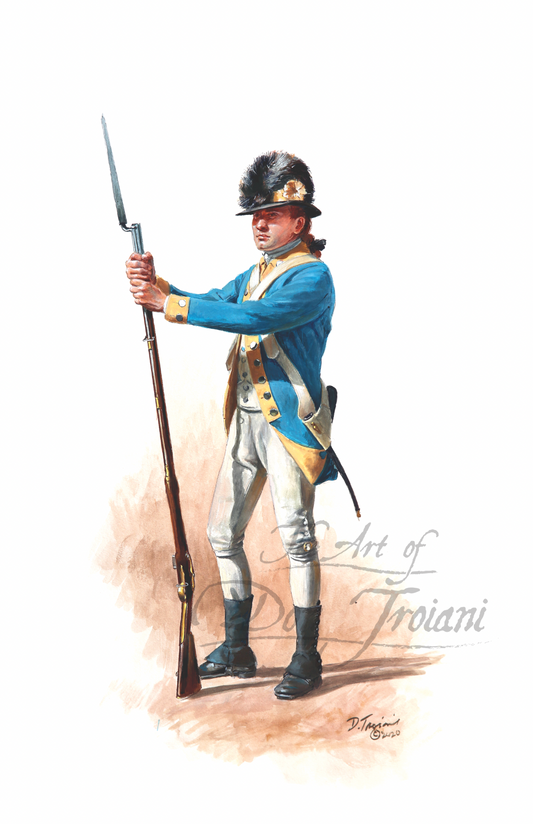 Quaker Blues. Artistic depiction of a soldier in historical uniform holding a rifle on a white background.