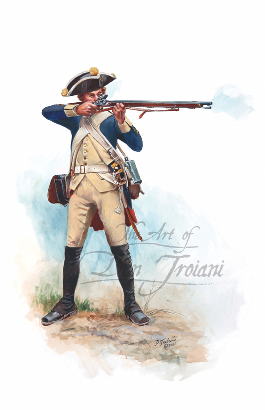 Painting of a colonial soldier holding a rifle.