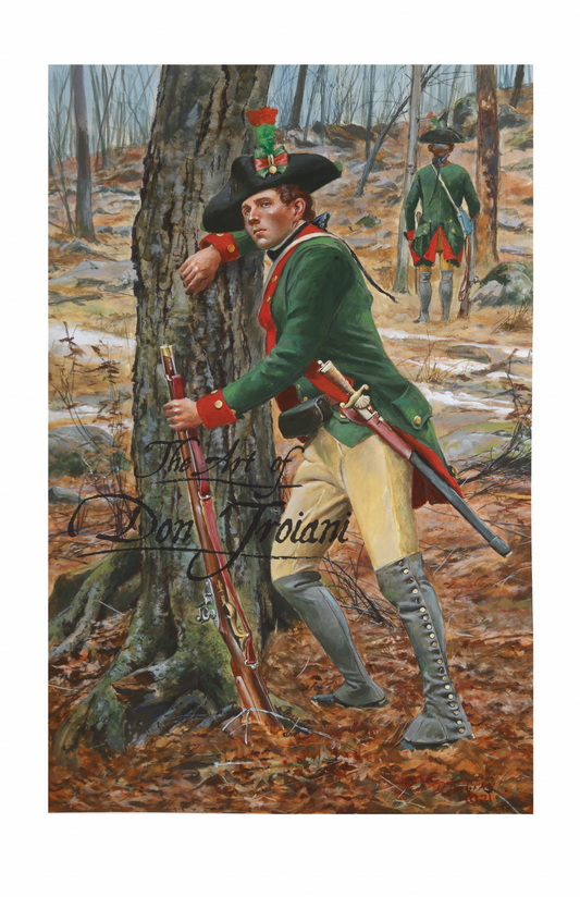 Painting of a Revolutionary War soldier in a forest setting with another soldier in the background.