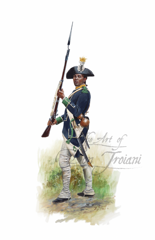 Chasseurs Volontaires de St. Domingue Artistic depiction of a soldier in historical uniform holding a rifle on a white background.