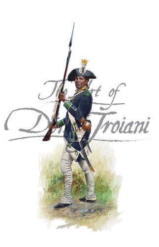 Don Troiani wall art print Chassers Volontaires de St. Domingue. Soldier in blue uniform holding a musket with bayonet.