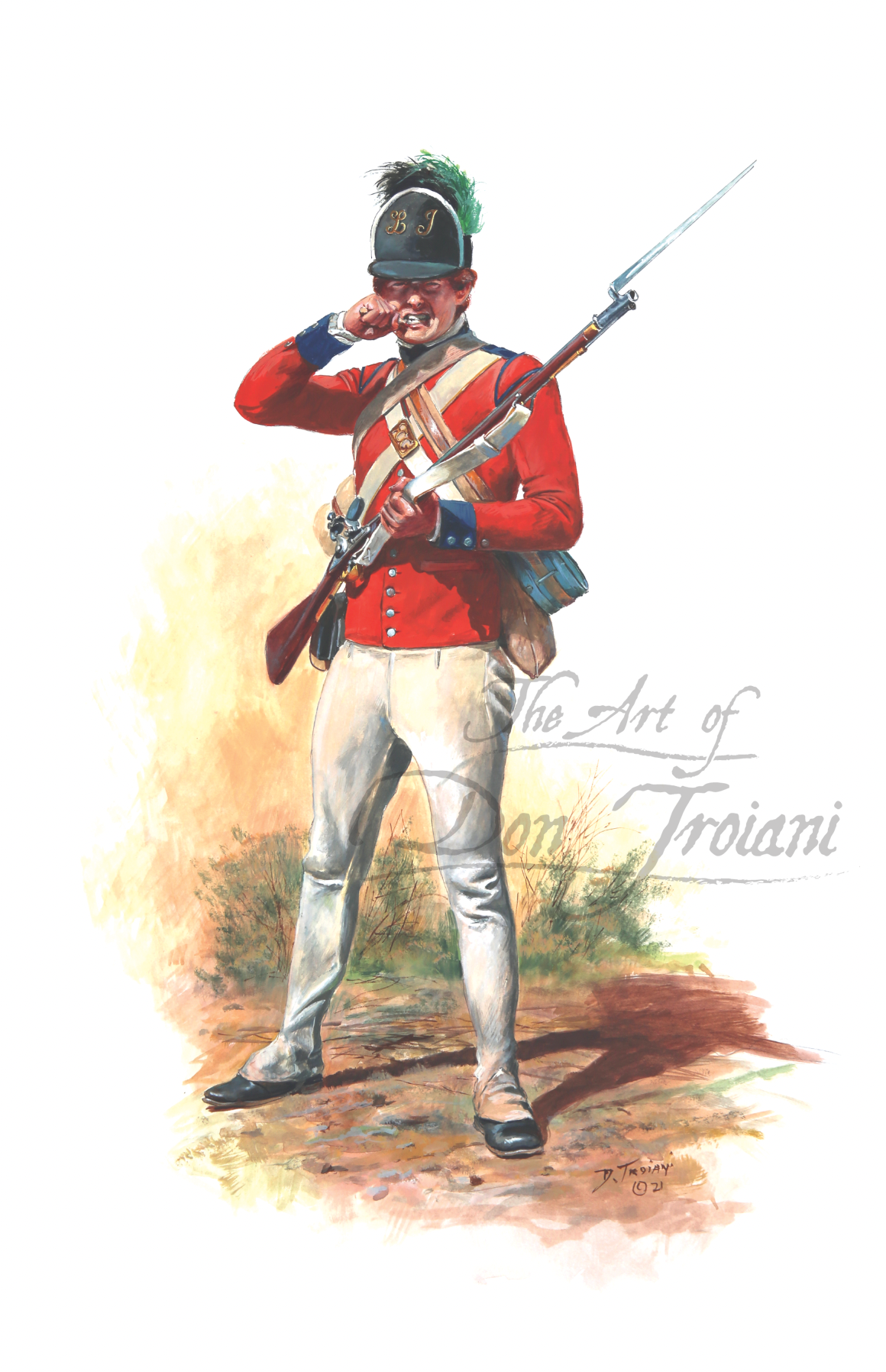 Painting of a soldier in red uniform with a rifle, standing on a white background.