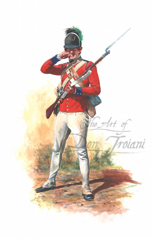 Painting of a soldier in red uniform with a rifle, standing on a white background.
