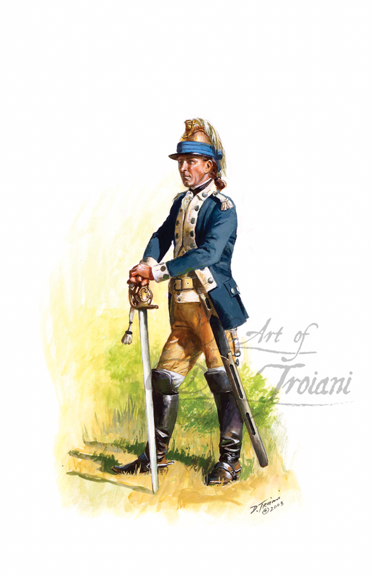 2nd Continental Light Dragoon Sergeant Artistic depiction of a soldier in historical uniform holding a sword on a white background.