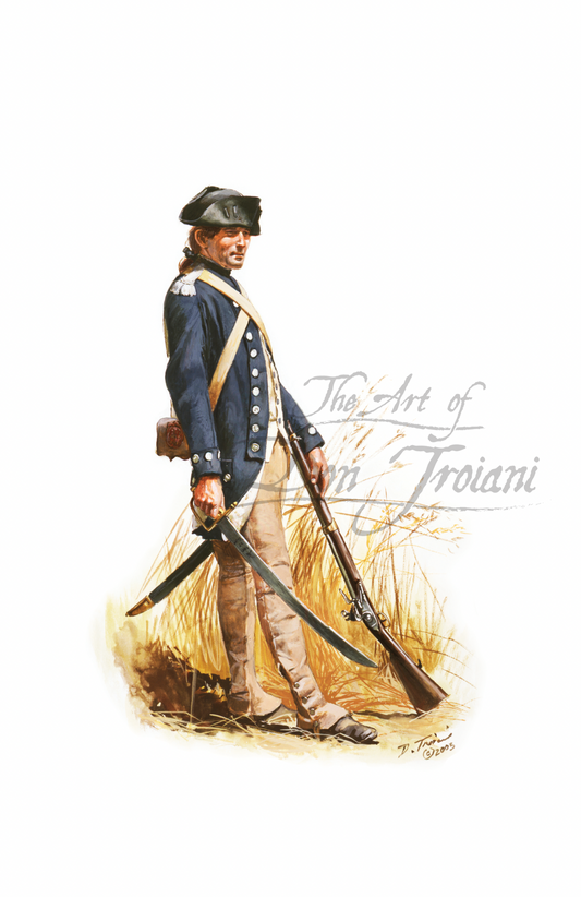 Clark’s Illinois Regiment. Artistic depiction of a Revolutionary War soldier holding a rifle, with 'The Art of Don Troiani' branding.