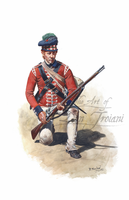 Artistic depiction of a soldier in uniform holding a rifle.