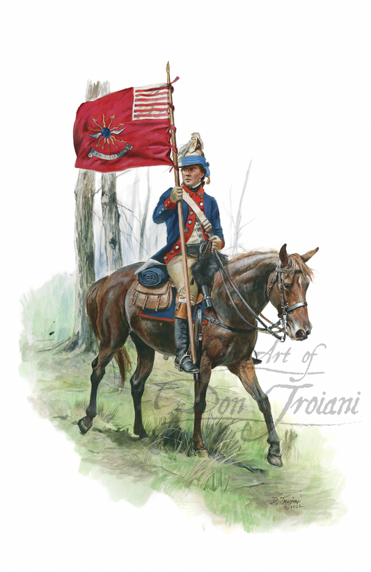 2nd Continental Light Dragoons. Painting of a soldier on horseback holding a flag in a forest setting.