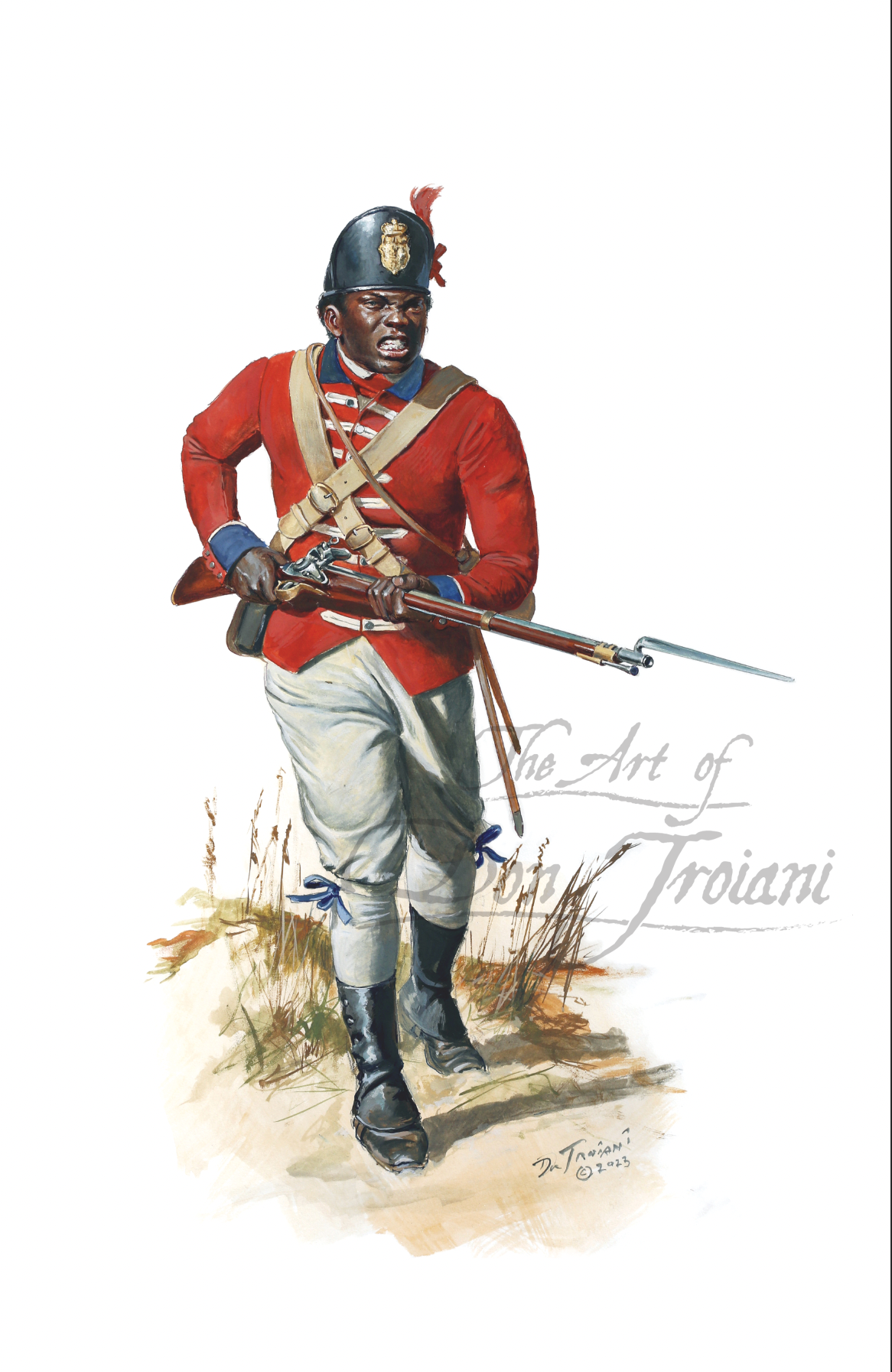 Fusilier of the Battalion of Free Blacks of Havana Artistic depiction of a soldier in red uniform with a rifle, signed 'The Art of Troiani'.