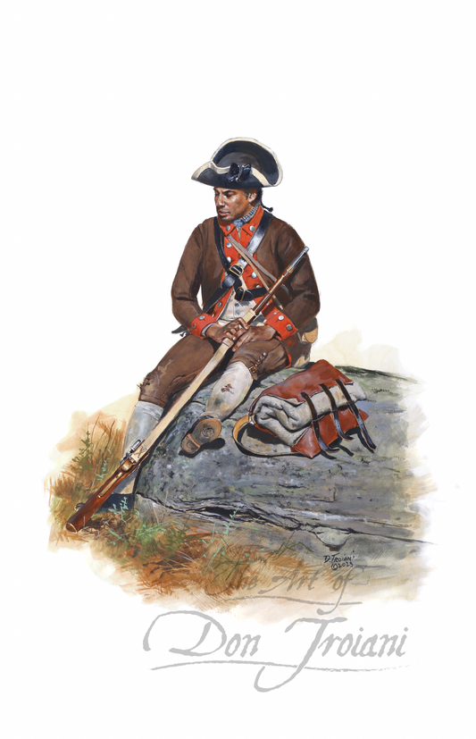 Black Private. Illustration of a Revolutionary War soldier sitting on a rock with a rifle, wearing a brown coat and white stockings.
