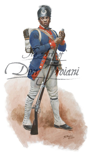 Don Troiani wall art print 3rd South Carolina Regiment. Black soldier wearing blue jacket while holding musket.