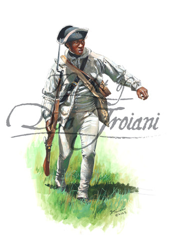 Don Troiani wall art print "1st Rhode Island 1778". Black soldier is wearing white uniform. Soldier is attacking with musket and bayonet.