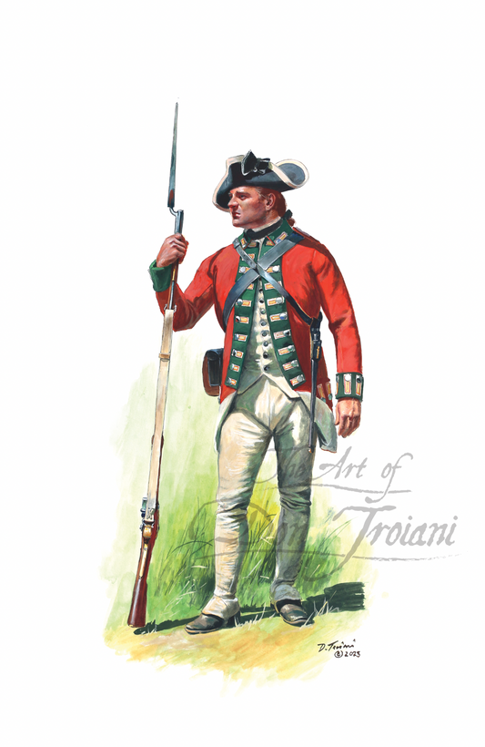 Illustration of a colonial soldier in red coat and white pants holding a rifle.