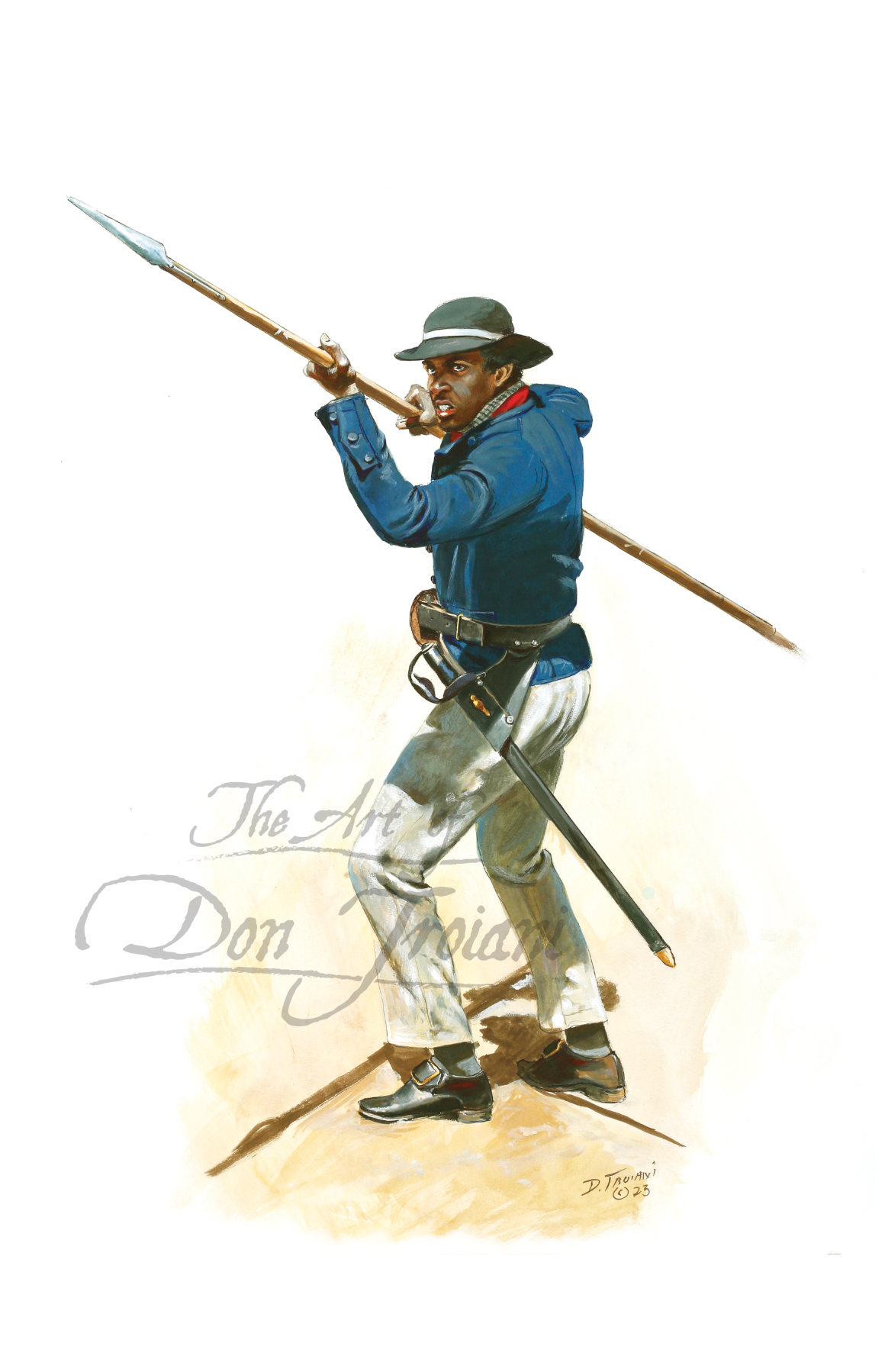 Black Militia Man at Fort Griswold. Illustration of a man in a blue jacket and hat holding a spear.