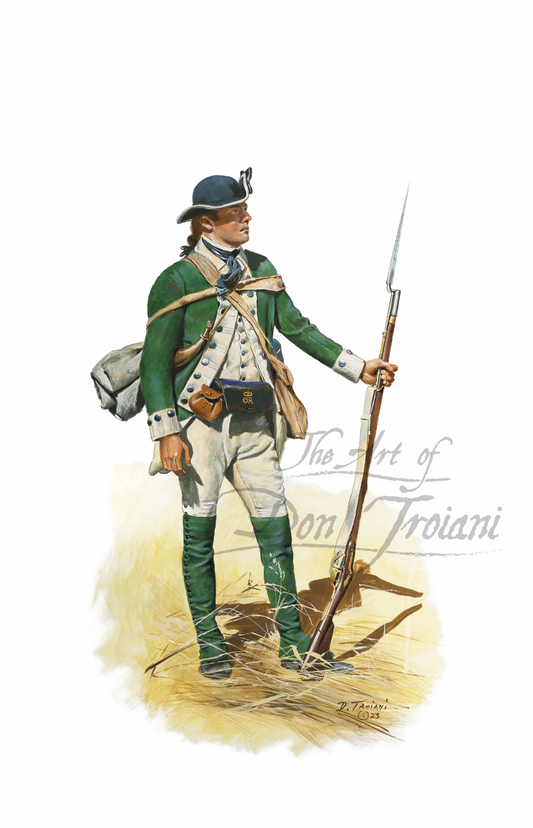 Gorman's Royal Fencible Americans, 1776 Artistic depiction of a colonial soldier in green uniform holding a rifle on a white background.