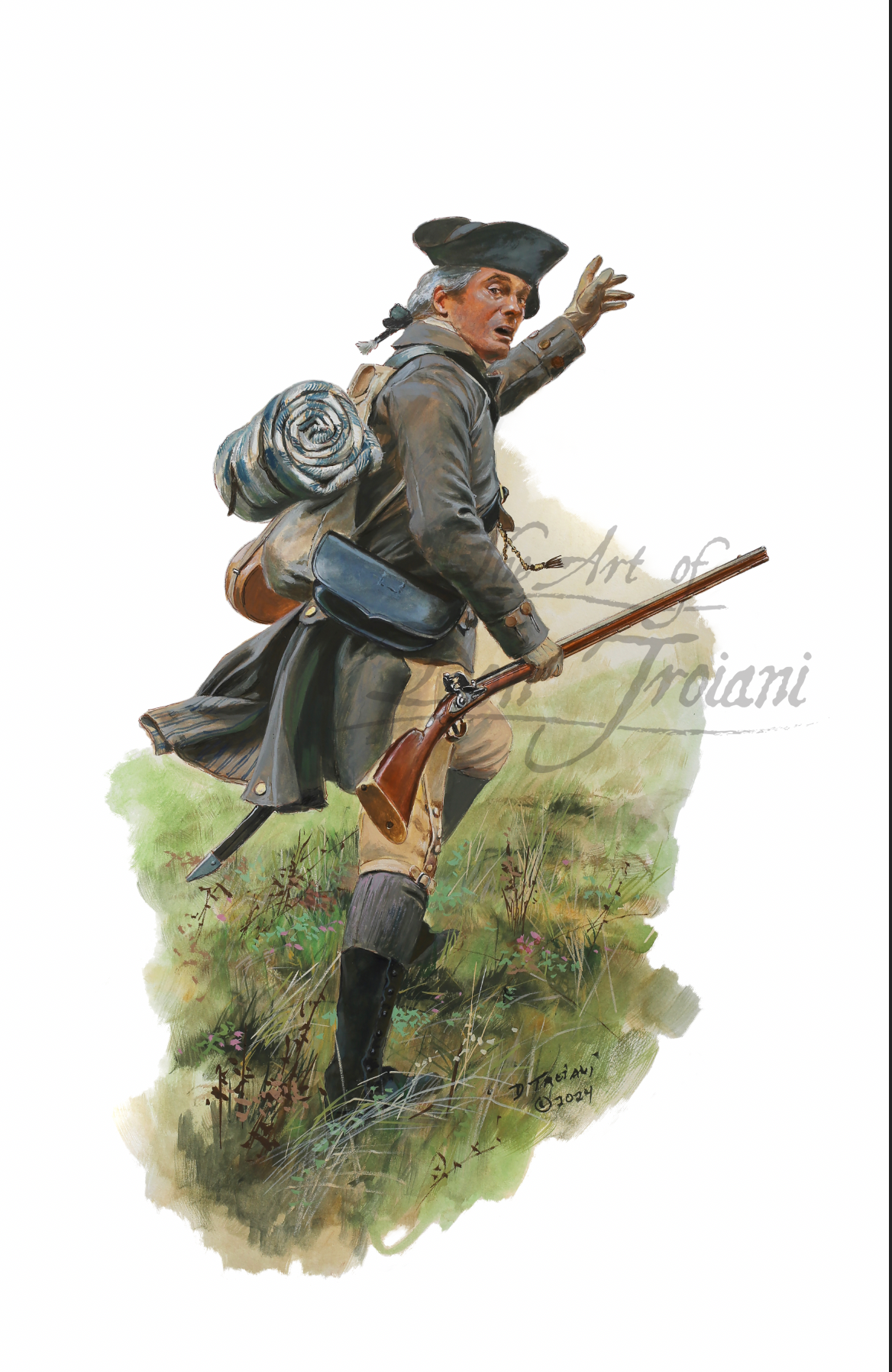 Massachusetts Minuteman. Illustration of a Revolutionary War soldier with a rifle and backpack on a white background