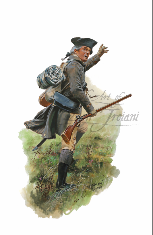 Massachusetts Minuteman. Illustration of a Revolutionary War soldier with a rifle and backpack on a white background