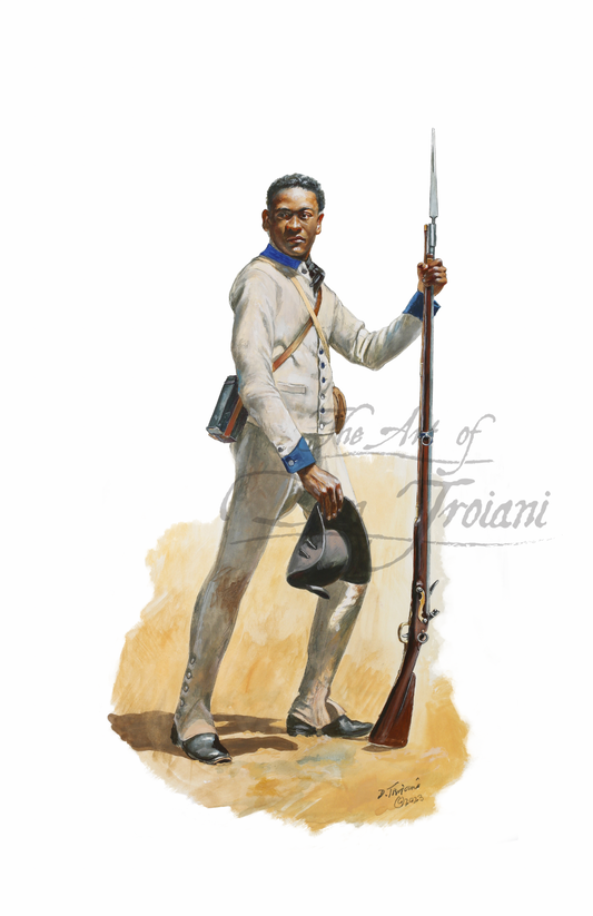 Gaskins Virginia Battalion. Illustration of a soldier in uniform holding a rifle on a white background