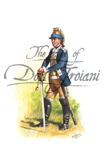 Don Troiani wall art print 2nd Continental Light Dragoon Sergeant. Soldier standing in blue uniform holding a sword.
